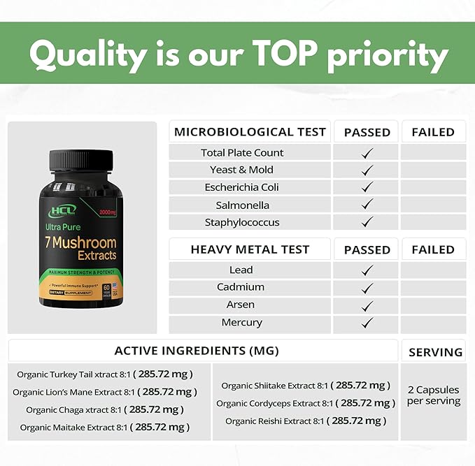 Organic Mushroom Supplement Extracts of Lions Mane Cordyceps Chaga Reishi Turkey Tail Maitake Shiitake Capsules - Natural Vitamins Minerals Antioxidants Supplement - Made in The USA