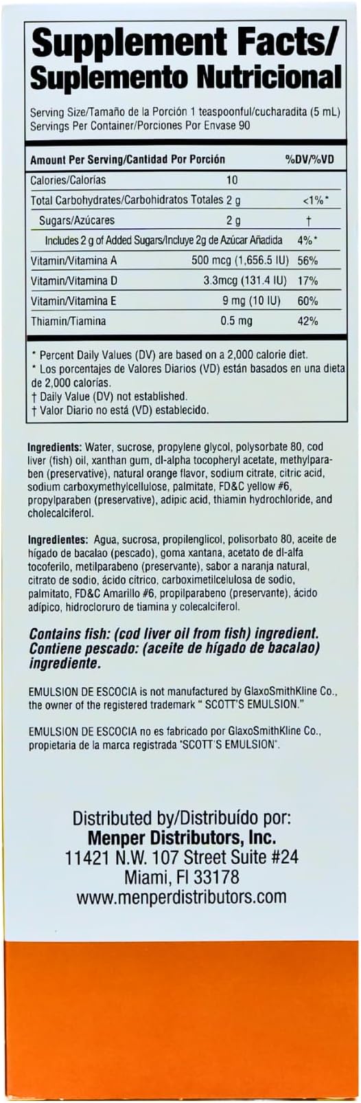 EMULSION DE ESCOCIA Cod Liver Oil, Dietary Supplement, Vitamins A, B1, D and E, Immune System Support, Orange Flavor (15.3 Fl Oz/Pack of 1)