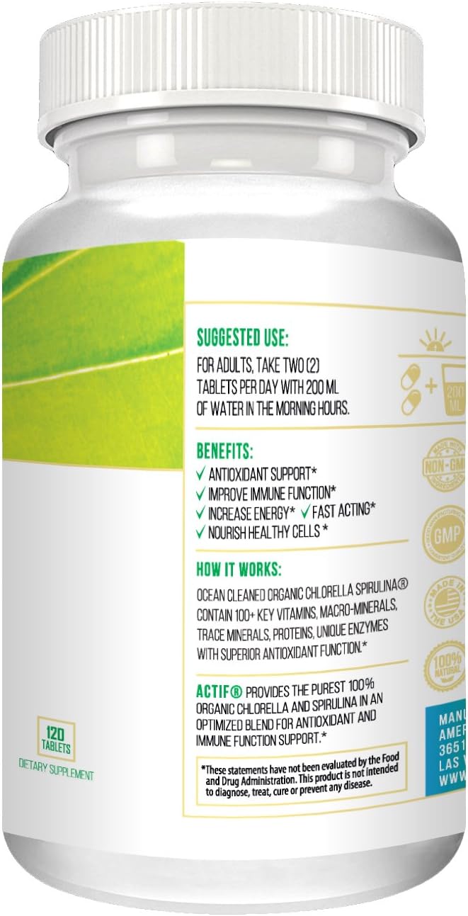 ACTIF 100% Ocean Cleaned Organic Chlorella and Spirulina, Non-GMO, Best Detox and Vegan Diet Supplement, Made in USA - 120 Tablets
