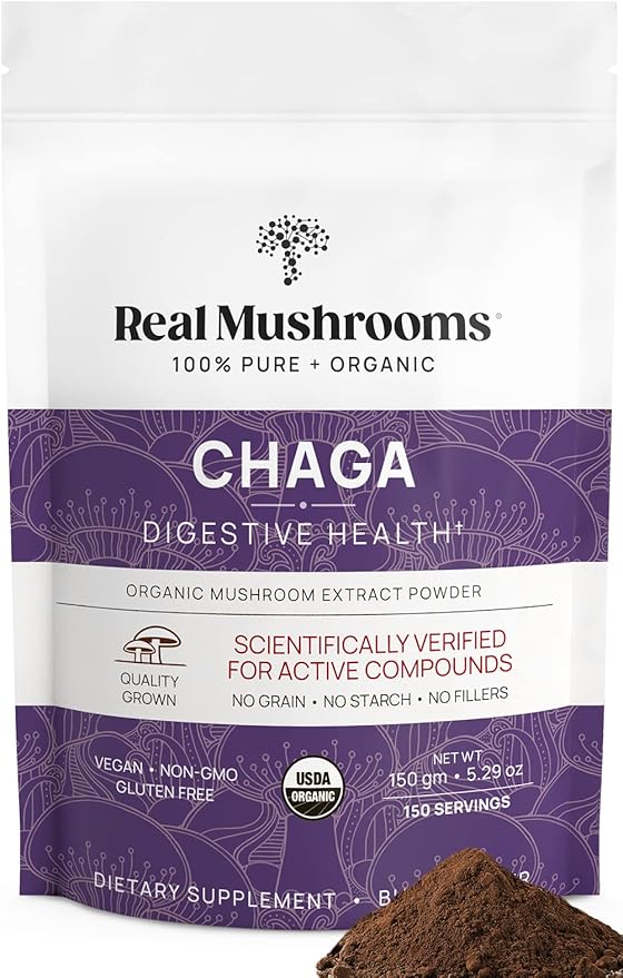 Real Mushrooms Chaga Powder - Organic Mushroom Supplement with Extract for Digestion, Energy, Immune Support Vegan Extract, Non-GMO, 150 Servings