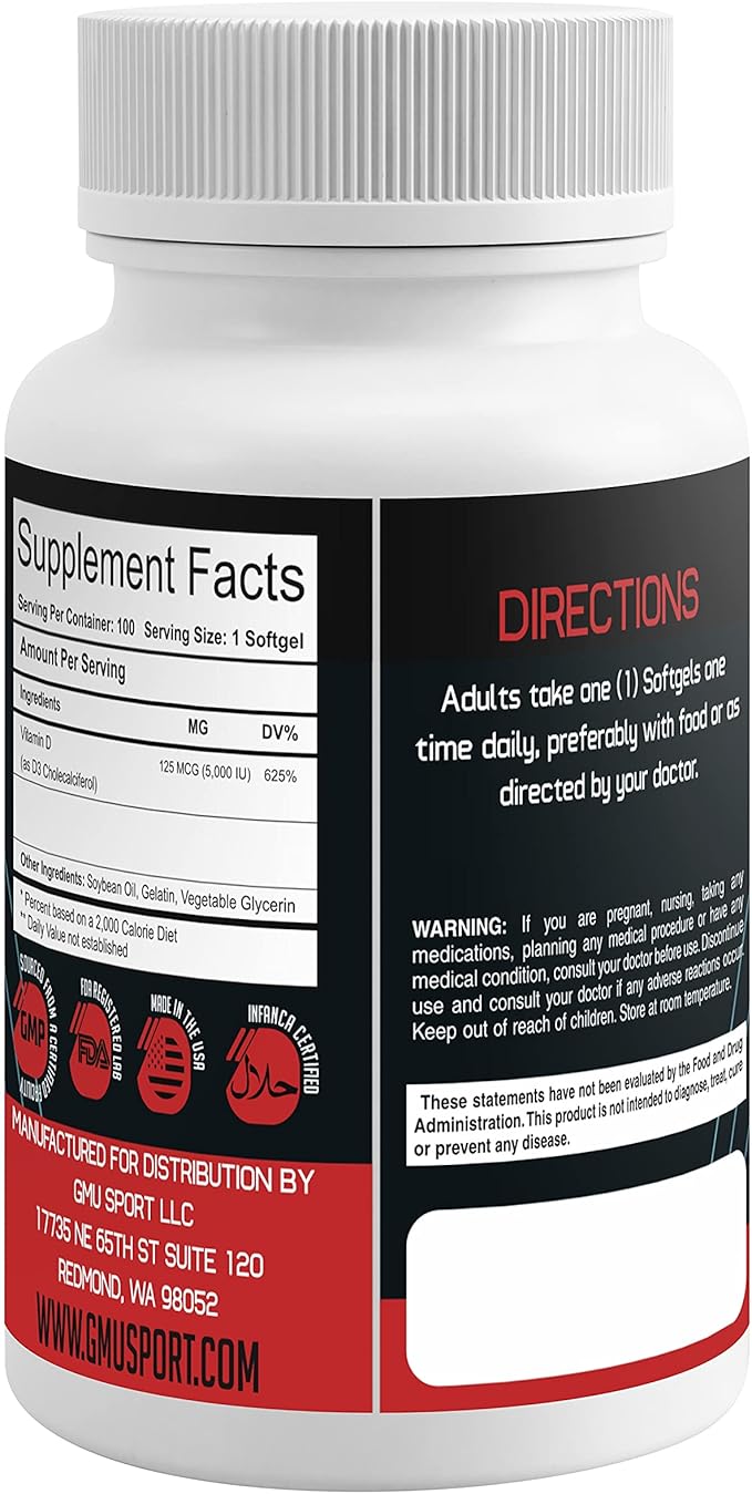 GMU SPORT Vitamin D3 5000 IU Softgels - Vitamin D Supplements for Bone Health, Strength, Muscle, Teeth and Immune Support - High Potency Vitamin D 5000 IU - Vitamin D3 125 Mcg - 100 Softgels