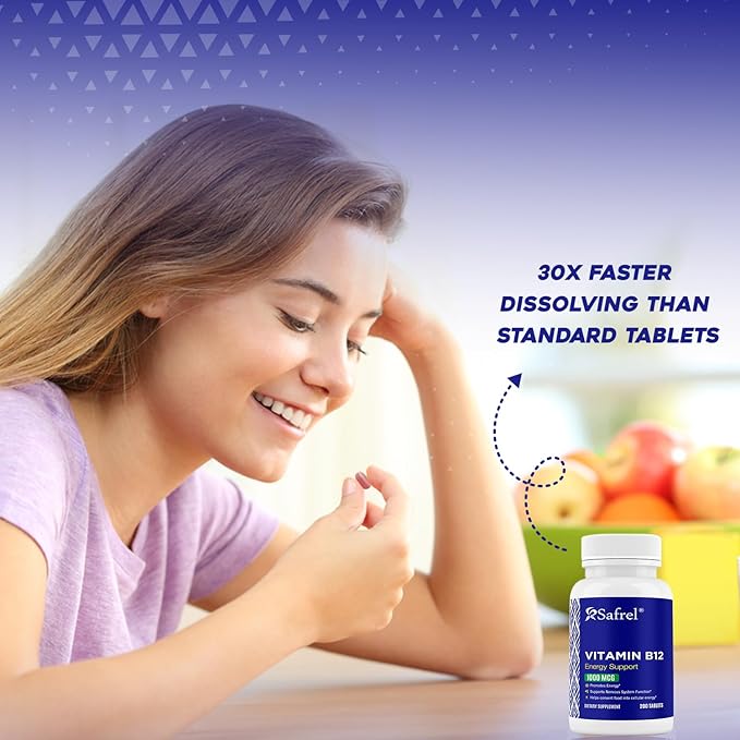 Safrel Vitamin B12 1000 mcg per Tablet, 200 Days Supply, Provides Energy, Metabolism and Nervous System Health Support | Vegan, Gluten Free and Dye Free | Made in USA