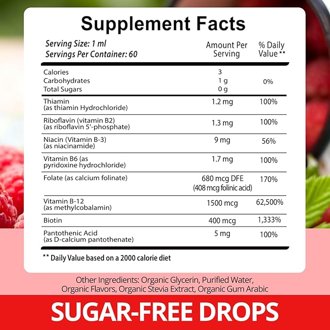 Vitamin B Complex with 20000 mcg - Extra Strength for Men and Women - Vegan| Raspberry Liquid Drops| USA Made, B1, B2, B3, B5, B6, Biotin, Folic Acid & B12 Sublingual Methylcobalamin | 4 Months Supply
