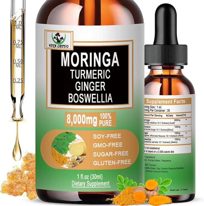 Moringa Drops - Organic Moringa Leaf Extract Liquid with Turmeric Ginger Boswellia for Energy, Skin Health, Gut Health - High Absorption Green Superfood w/Essential Vitamins & Amino Acids