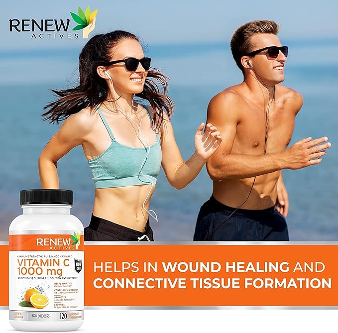RENEW ACTIVES Maximum Strength Vitamin C 1000MG per Serving – Antioxidant & Immune Booster for Overall Health, Bones, Teeth & Gums – Non-GMO, Sugar-Free, 4-Month Supply – Made in Canada – 120 Capsules