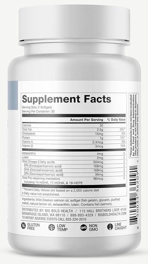 Skin & Eye Health | Wild Alaskan Salmon Oil with Astaxanthin | Lutein | Pro-Resolving Mediators | Vitamins A&D | Gluten-Free | 60 Softgels