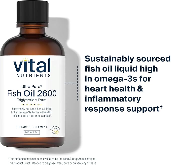 Vital Nutrients - Ultra Pure Fish Oil 2600 (Pharmaceutical Grade) - Hi-Potency Deep Sea Liquid Fish Oil, Cardiovascular Support, Natural Lemon Flavor - 8 Fl Oz per Bottle