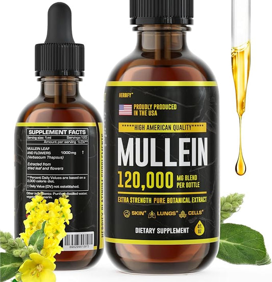 HERBIFY Mullein Drops - Lung Cleanse - Leaf Extract - Powerful Mullein for Immune Support,Detox & Respiratory Support - Made in USA - Herbal Supplements - 4 Oz