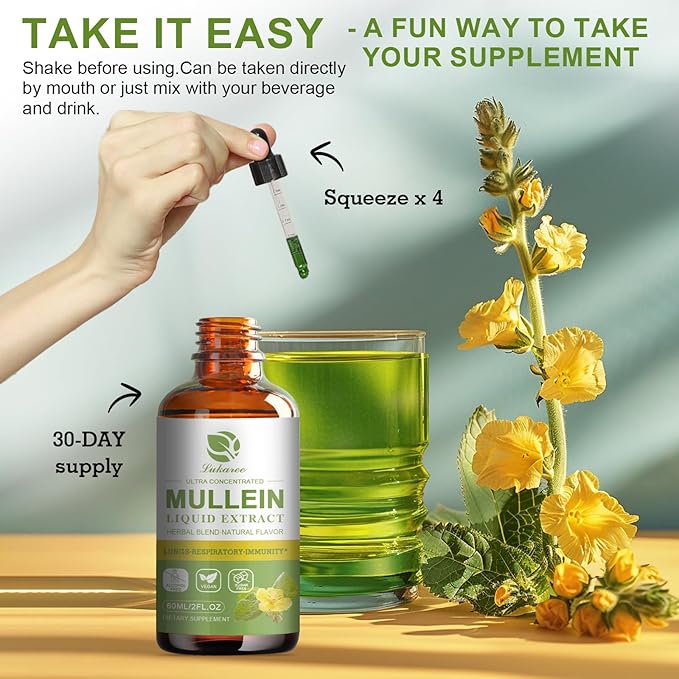 Mullein Drops for Lungs, Lung Detox & Cleanse, Vegan Mullein Leaf Extract Tincture with Chlorophyll Elderberry, etc, Natural Herbal Supplement for Respiratory, Immune, 30 Servings