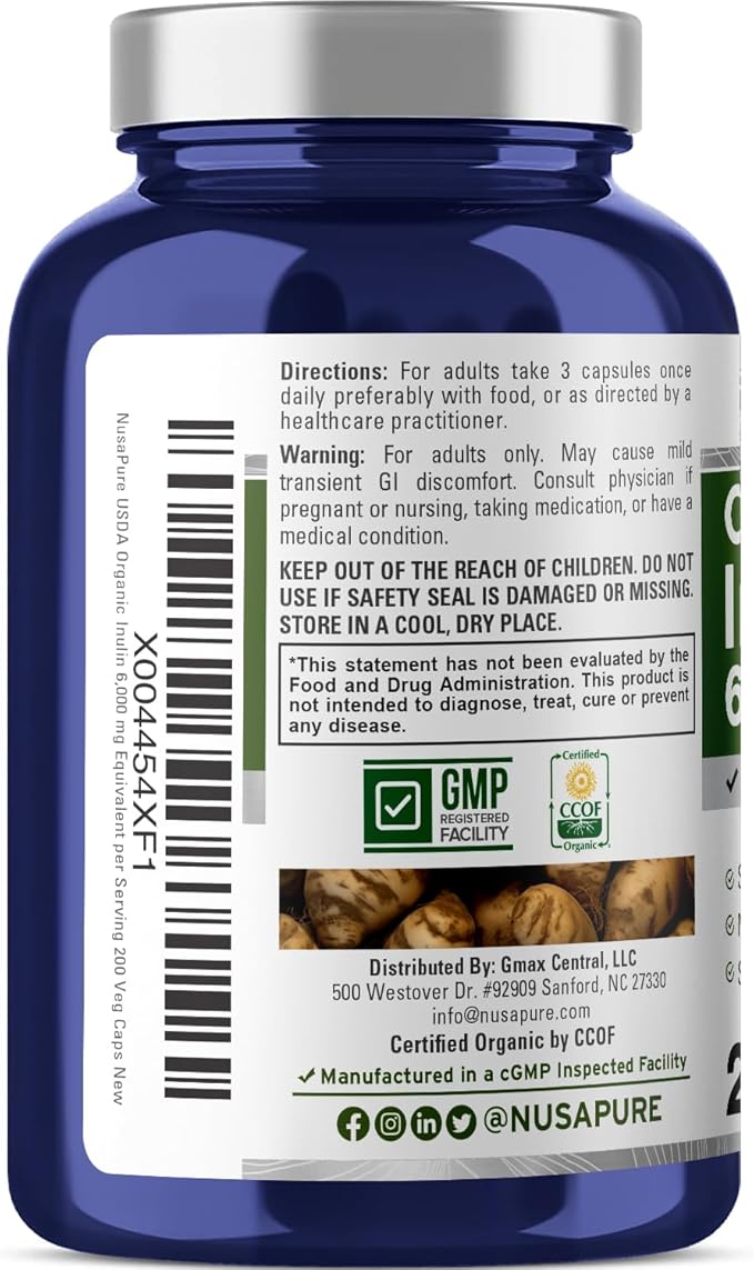 NusaPure Inulin Powder 20:1 Extract, 300 mg Equivalent to 6,000mg | 200 Veggie Capsules |USDA Organic and Non-GMO Supplement