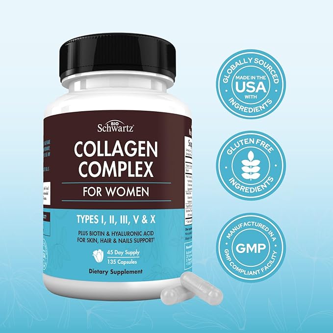 Hydrolyzed Collagen Peptide Capsules for Women - Multi Collagen Supplement Types I, II, III, V, X with Vitamin C, Biotin, Keratin - Skin, Hair & Nails Support - 135 Capsules