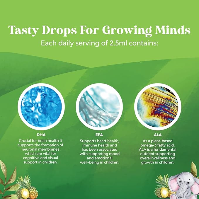 Kids DHA Omega 3 Drops - Fatty Acids Omega 3 6 9 for Brain, Immune Strength & Vision - Nutritional DHA for Kids for Healthy Nervous System & Focus Support - Liquid Supplement with EPA & ALA - 2 Fl Oz