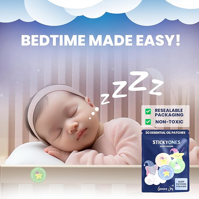 Gemma Joy StickyOnes Sleep Patches for Kids - No Melatonin Sleep Aid Bedtime Patches for Kids with All Natural Sandalwood, Chamomile & Lavender Essential Oil -Sticks to Clothes All Night (30 Stickers)
