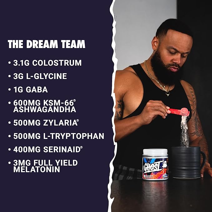 GHOST Sleep Dietary Supplement, Blue Dream - Recovery & Rest with Premium Ingredients Including Melatonin, Colostrum & Ashwagandha – Supports Sleep Quality - Gluten-Free & Sugar-Free