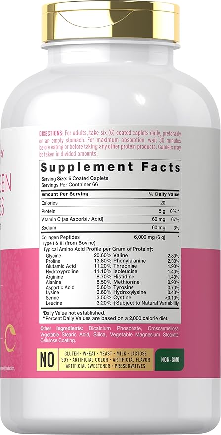 Carlyle Collagen Peptides 6000mg | 400 Caplets | with Vitamin C | Type 1 and 3 | Non-GMO, Gluten Free, Grass Fed Supplement