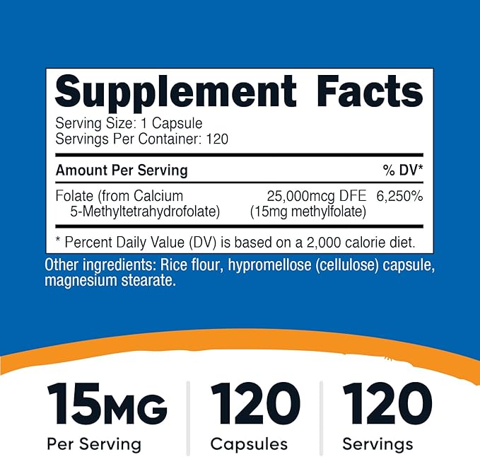 Nutricost L-Methylfolate 15mg, 120 Capsules (5-MTHF) - Vegan, Non-GMO, Gluten Free