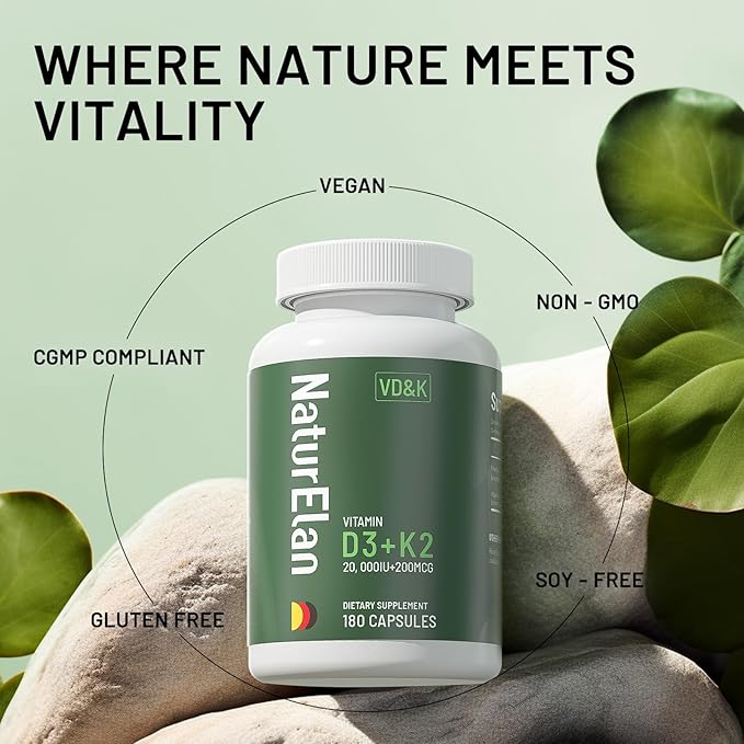 Vitamin D3 K2 Supplement - 20,000 IU+200mcg K2(MK-7), 180 Capsules, Third-Party Tested, K2 + D3 Supplements for Bone, Immune, Heart & Teeth Health Support, Vegan, Non-GMO, Gluten Free