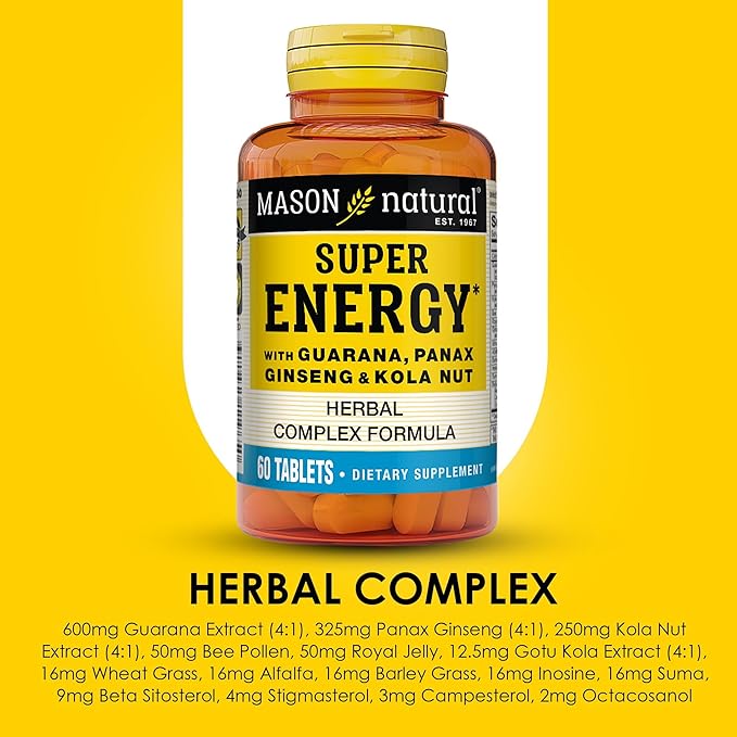 MASON NATURAL Super Energy, Made with Guarana, Panax Ginseng & Kola Nut for Optimal Performance & Energy, 90 Day Supply, 60 Tablets (Pack of 3)