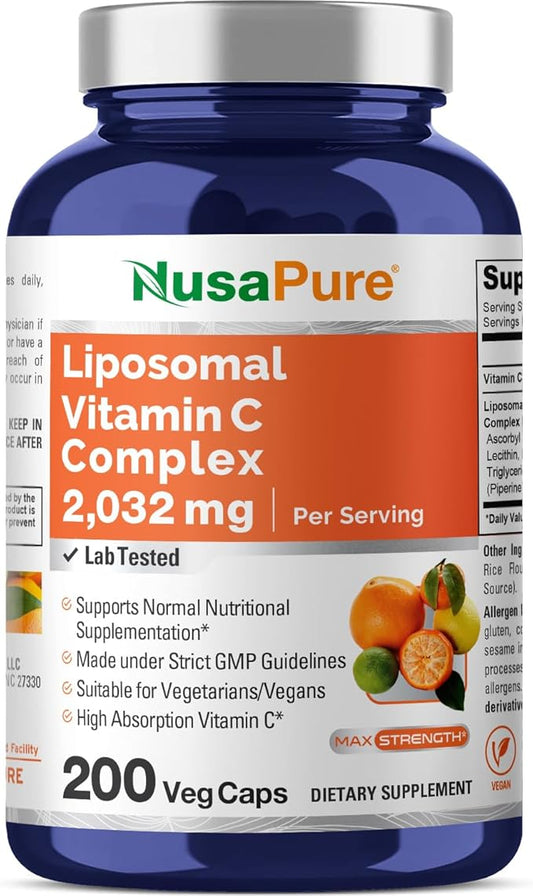 NusaPure Liposomal Vitamin C 2032mg - 200 Veggie Vegan Capsules, BioPerine - High Absorption Ascorbic Acid