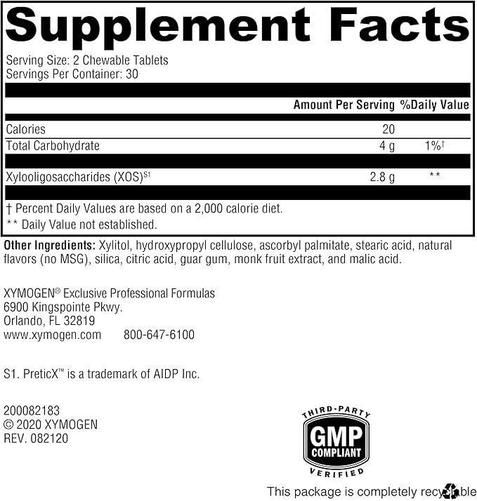 XYMOGEN PrebioMax Prebiotic Fiber Supplement - Xylooligosaccharides (XOS) to Help Maintain Digestive Health + Support Healthy Microbial Activity in The GI Tract - Sour Apple (60 Chewable Tablets)