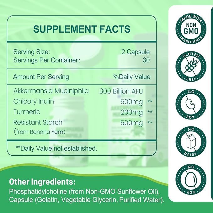 Akkermansia Muciniphila Probiotic for Gut Management - GLP-1 Boosting Supplement with Chicory Inulin, Turmeric, Resistant Starch, Vegan & Gluten Free - 30 Day Supply