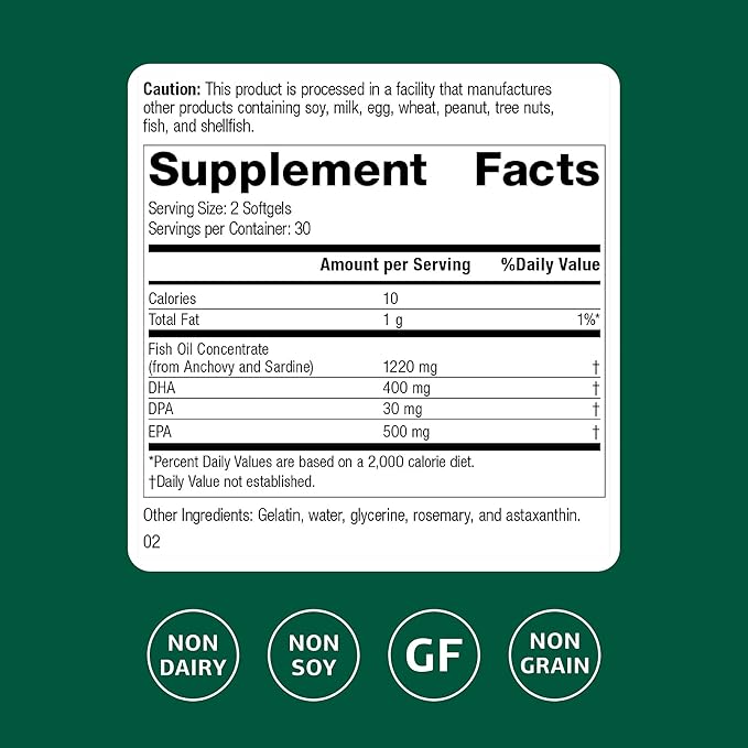 Standard Process Inc. Olprima EPA/DHA - Whole Food Brain Health, Heart Health Support, Sardine and Anchovy Fish Oil, Omega 3 with Astaxanthin - Gluten Free - 60 Softgels