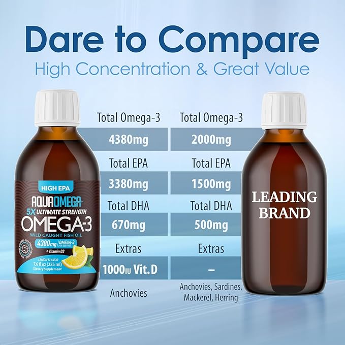 5X Ultimate Strength Liquid Fish Oil Supplements, Wild Caught Omega 3 Fish Oil Liquid 4380mg, High EPA DHA Omega 3 Supplement with Vitamin D, 3380mg EPA, 670mg DHA, 7.60floz (225ml), Lemon Flavor