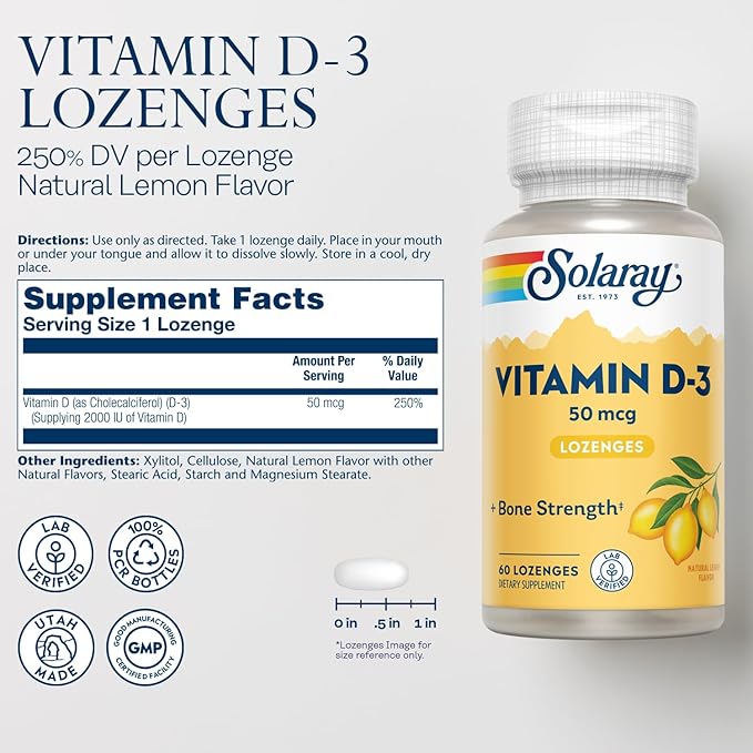 SOLARAY Vitamin D3 Lozenges 50mcg - 2000IU D3 Vitamin - Strong Bones, Muscle and Immune Support - Natural Lemon Flavor - Lab Verified, 60-Day Guarantee - 60 Servings, 60 Lozenges