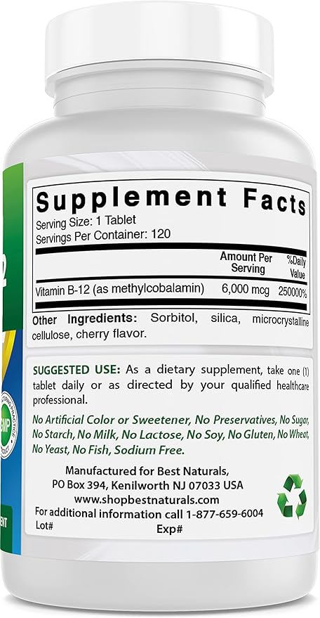 Best Naturals Vitamin B-12 as Methylcobalamin (Methyl B12), 6000 mcg 120 Sublingual Tablets (120 Count (Pack of 3))
