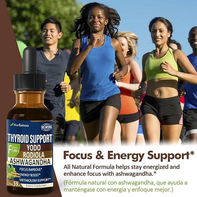 Thyroid Support Drops - Liquid Iodine Supplement, Gotas de YODO y Selenio para Tiroides, Con Rodiola Semenovii y Ortiga, Fight Brain Fog w/Ashwagandha & Rhodiola Extract Tincture.2 oz