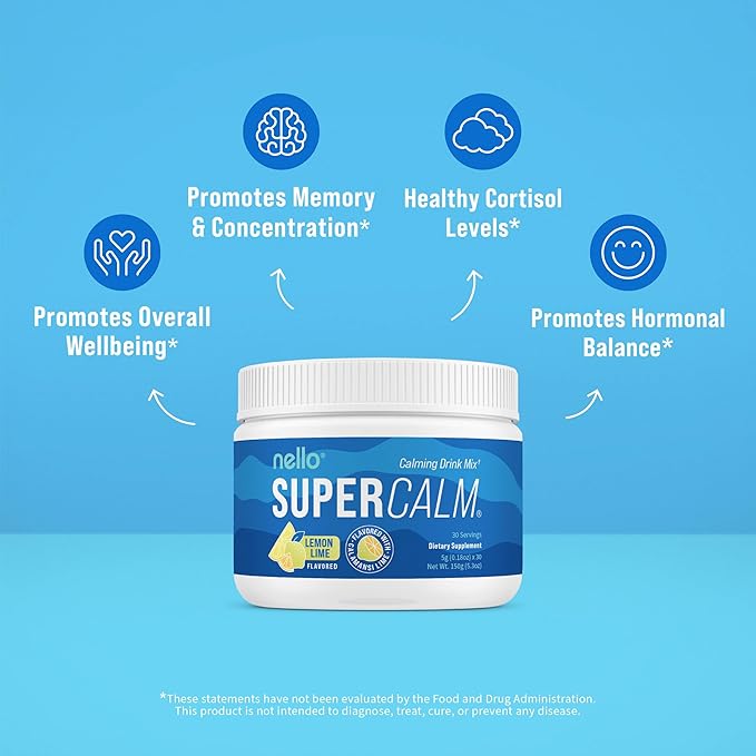 Supercalm Powdered Drink Mix, Lemon Lime, L Theanine, Ksm-66 Ashwagandha, Magnesium Glycinate, Vitamin D 3, Supplements for Relaxation & Focus, Natural, No Sugar, Non GMO, 30 Srvgs