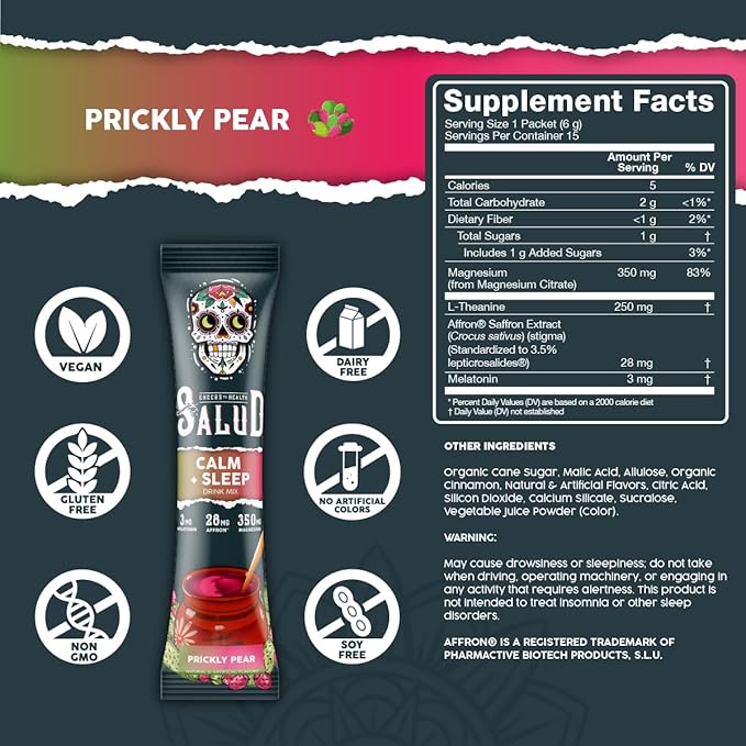 Salud 2-in-1 Sleep Aid + Calm Drink Mix, Prickly Pear Flavor, Melatonin, Magnesium, Saffron Extract, L-Theanine, Non-GMO, Gluten Free, Vegan, Low Calorie, 1g of Sugar (15 Servings)