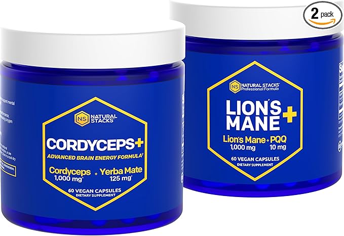 NATURAL STACKS CORDYCEPS + Lions Mane Mushroom Supplement Bundle - Supports Brain Energy and Memory* - 120 Mushroom Capsules