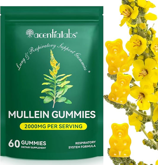 Mullein Gummies for Lung Cleanse, 2000mg Mullein Leaf Extract for Respiratory & Digestive & Immune Support, Natural Mullein Herbal Supplement for Mucus Relief with Chlorophyll (60 Gummies)
