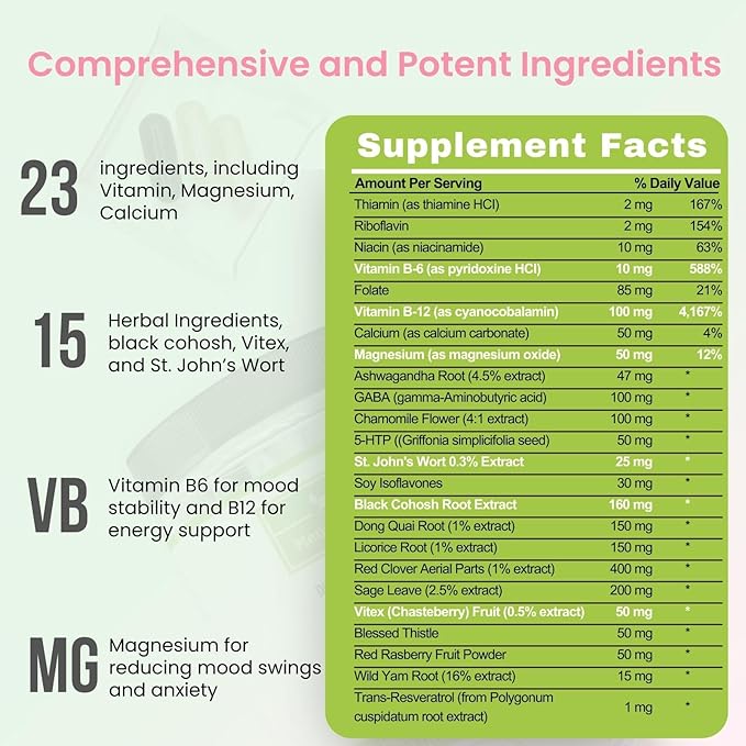 Mood Support & Hormone Balance for Women, Plant-Based Menopause Support & PMS Relief with Magnesium, Black Cohosh, St Johns Wort, Vitex, Ashwagandha &B6 Vitamins, 30 Serves