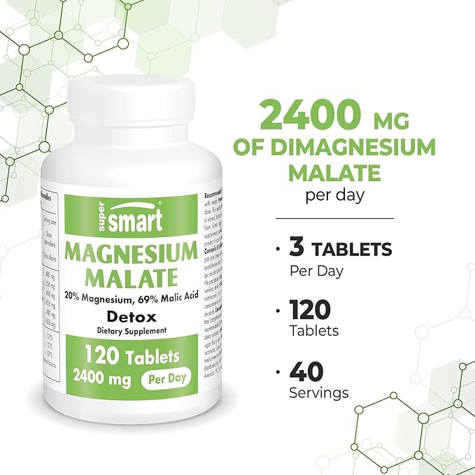 SuperSmart - Magnesium Malate 2400mg per Day (Highly Bioavailable) - Superior Mineral - Magnesium Malic Acid Supplement | Non-GMO & Gluten Free - 120 Tablets
