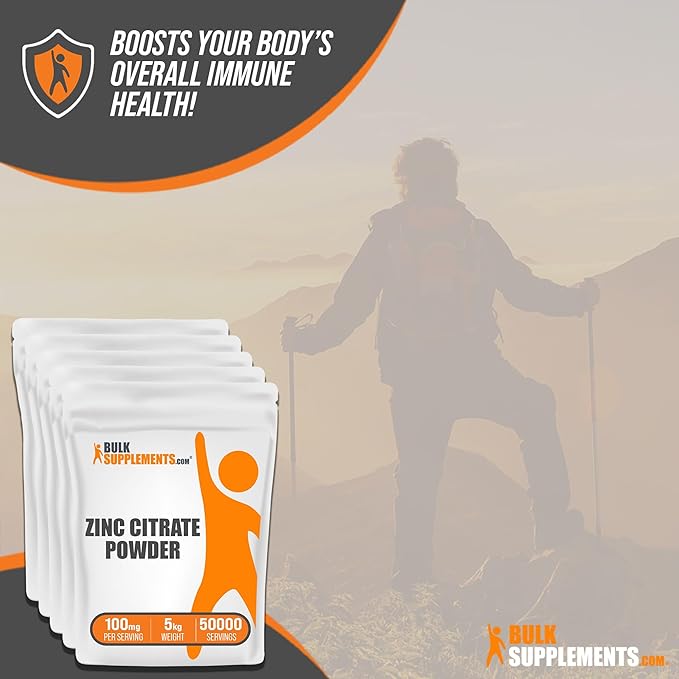 BulkSupplements.com Zinc Citrate Powder - Zinc Supplements, Zinc 30mg, Zinc Powder - Pure Zinc Citrate, for Immune Support - Gluten Free, 100mg per Serving, 5kg (11 lbs)