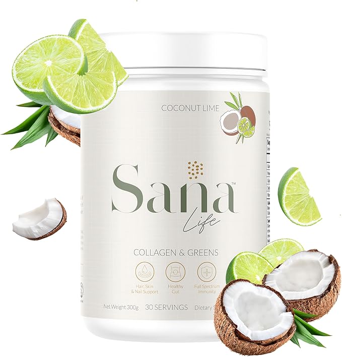 Collagen & Greens Powder, Multi-Collagen Supplement with Hyaluronic Acid for Skin, Hair, Nail & Gut Health - 30 Servings (Coconut Lime)