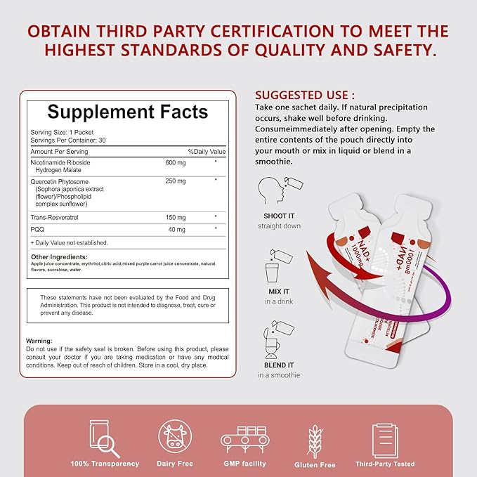 NAD Supplement 1000mg Pure Organic - NAD Supplements for Women & Men with Nicotinamide Riboside, Resveratrol, PQQ, Quercetin - NMN Supplement Alternative for Anti-Aging, Energy-30 Packets