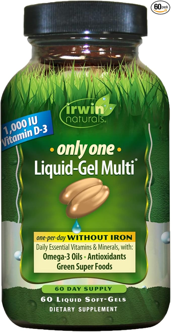 Irwin Naturals Only One Liquid-Gel Multi - 60 Liquid Softgels - No Iron Daily Essential Vitamins, Minerals, Antioxidants, Omega-3 & Green Super Foods
