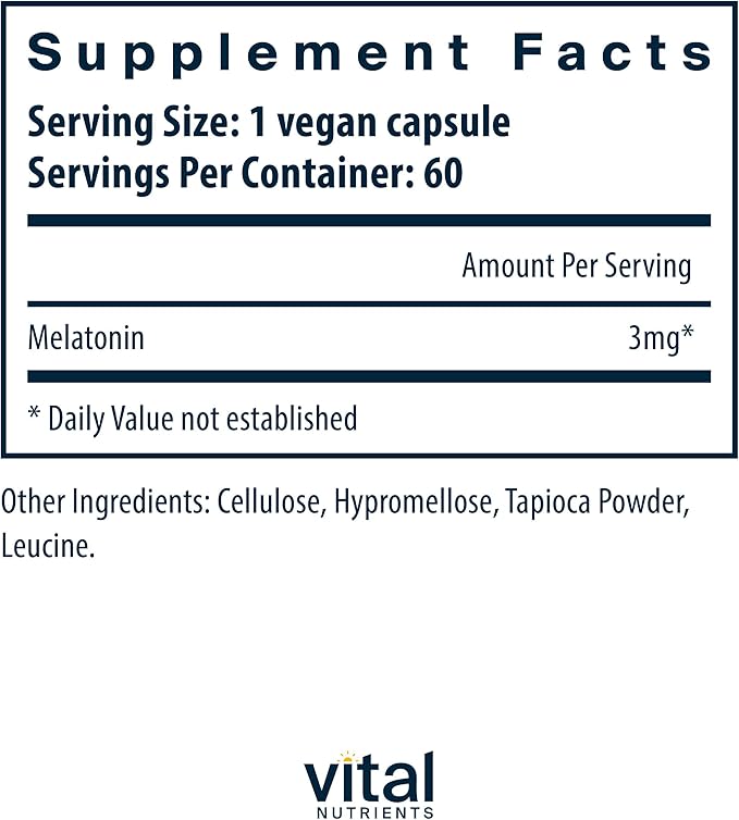 Vital Nutrients Melatonin 3mg | Vegan | Low-Dose Melatonin | Sleep Supplement to Support The Body's Natural Sleep Cycle* | Gluten, Dairy, Soy Free | 60 Capsules