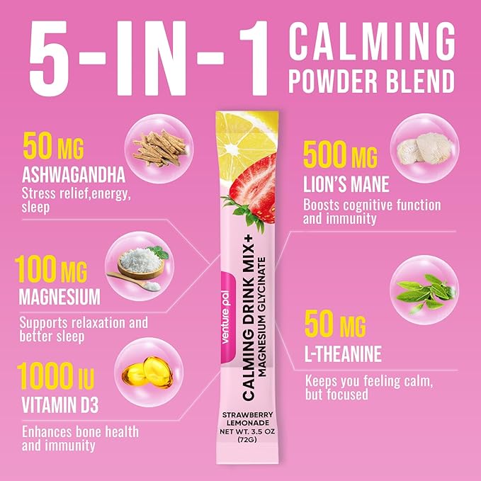 Venture Pal Magnesium Glycinate Powdered Drink Mix with Ashwagandha, Vitamin D, L-Theanine, Lions Mane, Sugar Free Magnesium Supplement Blend for Calm, Relax & Focus, Non GMO, Vegan, 16 Sticks