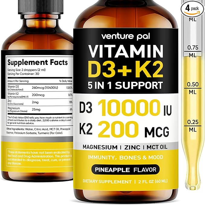 Venture Pal High-Potency Vitamin D3 10,000 IU & 200 mcg K2 (MK-7) Liquid Drops with Magnesium, Zinc & MCT Oil | Immune System Health, Bone Support, Mood Improvement | 2 Fl Oz Pineapple Supplement