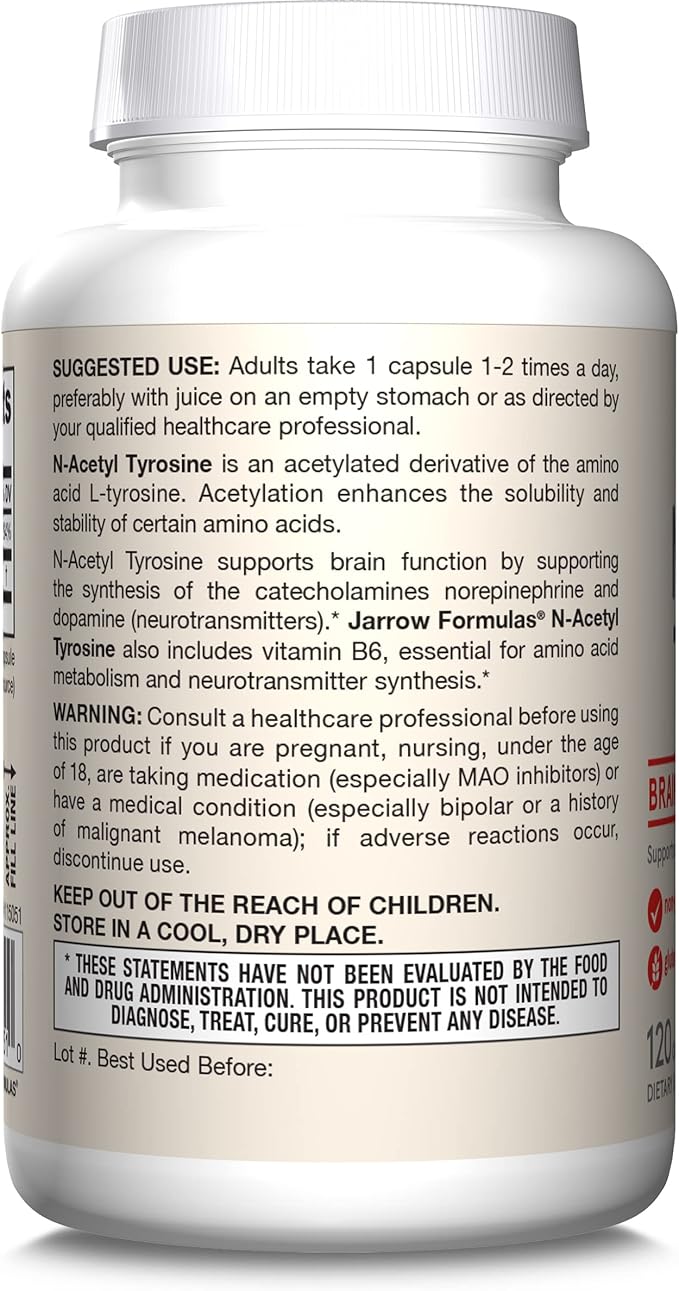 Jarrow Formulas N-Acetyl Tyrosine 350 mg, Brain Support Supplement, Dietary Supplement, Contains Vitamin B6 for Amino Acid Metabolism, 120 Capsules, 120 Day Supply