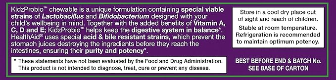KidzProbio Chewable 30 CT Once Daily with Vitamin A, C, D+E, Probiotic Mix, 2 Billion CFU, 5 Selected Strains, Blackcurrant Flavor, Acid & Bile Resistant, Dairy Free, Vegetarian