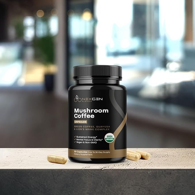 100% Organic Mushroom Coffee Capsules - Natural Energy Supplement with 130mg Caffeine from Clinically Proven Patented Green Coffee Bean & Guayusa Extracts for Jitter-Free Energy & Focus (30 Servings)