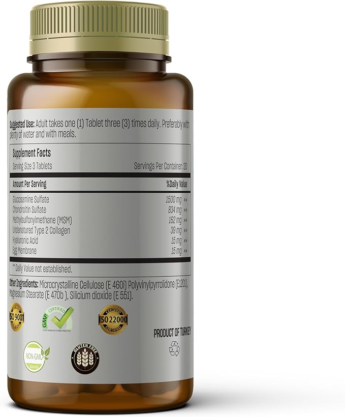 Glucosamine Supplement 1500 mg - 1 Month Supply - with Chondroitin, MSM, Collagen, Hyaluronic Acid - Non-GMO, 60 Tablets - Supports Joint Mobility and Comfort