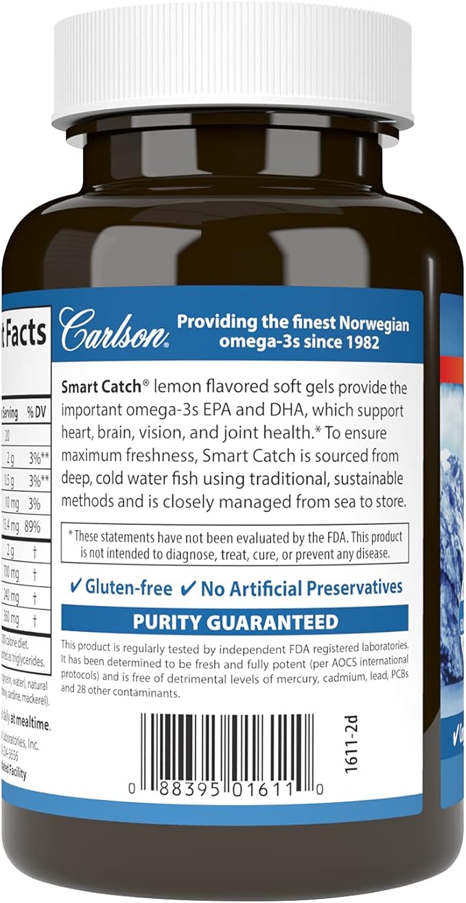Carlson - Teen's Smart Catch, 700 mg Omega-3s, Cognitive Development, Brain Function & Vision Support, Lemon, 90 Softgels