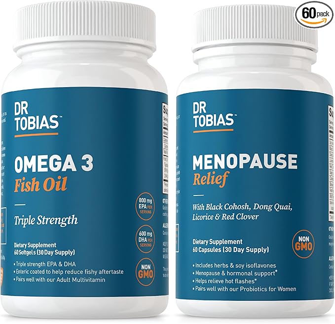 Dr. Tobias Omega 3 Fish Oil & Menopause Relief Supplements Support Heart, Brain, Immune, Hot Flash Relief & Night Sweats for Women, Non-GMO, 60 Capsules