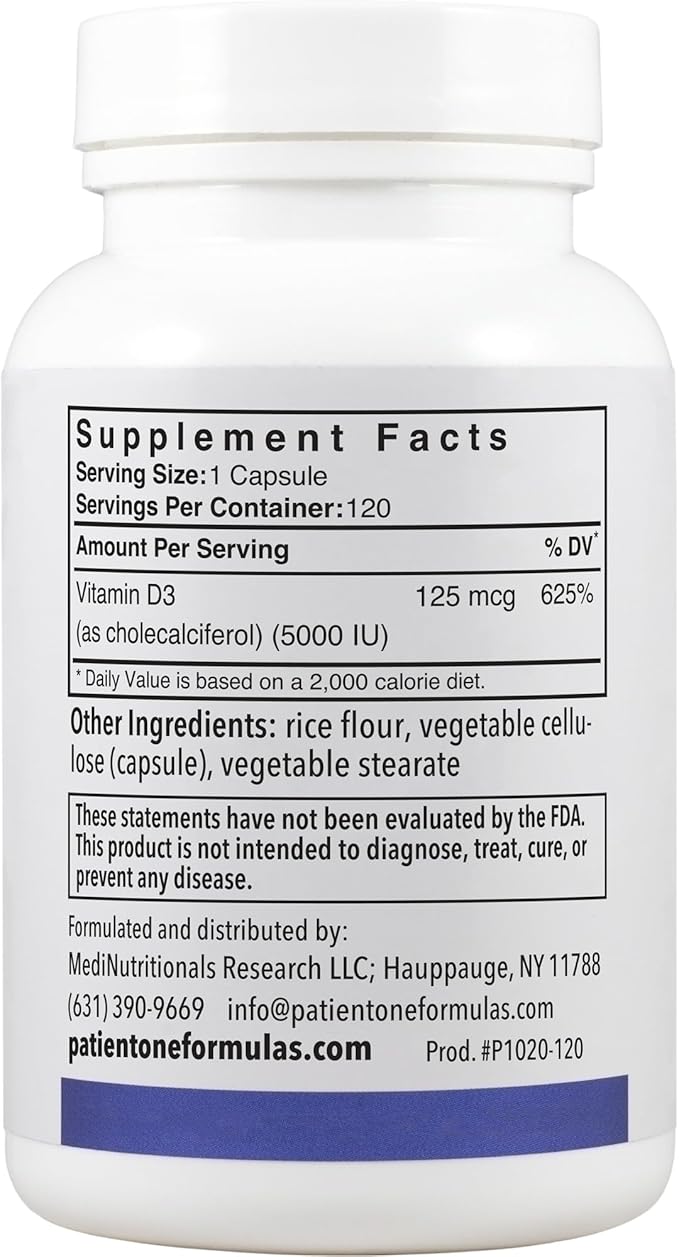 Patient One Vitamin D3 5,000 IU | Supplement to Support Immune, Heart and Bone Health* | Absorbable Cholecalciferol Form | 120 Capsules | 2 Pack